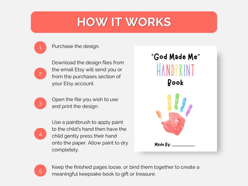 May include: A white "God Made Me" Handprint Book with a colorful handprint design. The image includes instructions on how to use the handprint book, with steps to purchase, download, print, and create a keepsake.