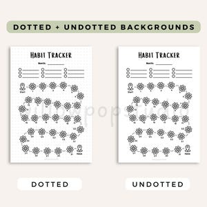 May include: Two habit tracker sheets with black ink on white paper. Each sheet features the text HABIT TRACKER, a month line, three task lines, and a path of 31 numbered flowers from a start pin to a finish pin. One sheet has a dotted background.