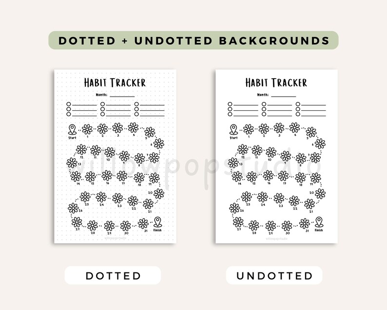 May include: Two habit tracker sheets with black ink on white paper. Each sheet features the text HABIT TRACKER, a month line, three task lines, and a path of 31 numbered flowers from a start pin to a finish pin. One sheet has a dotted background.
