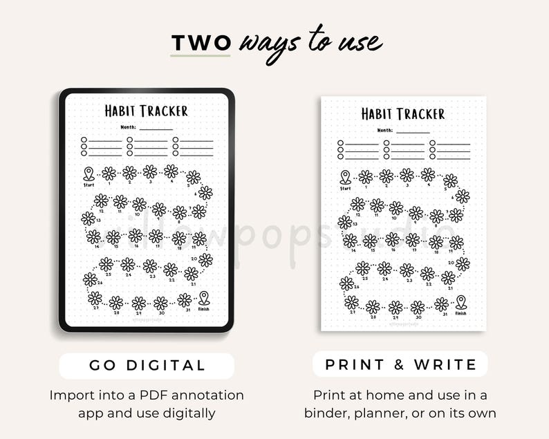 May include: A habit tracker template featuring a black and white floral path design with thirty-one numbered flower icons, a start location pin, and a finish location pin. The text reads TWO ways to use, HABIT TRACKER, GO DIGITAL, and PRINT & WRITE.