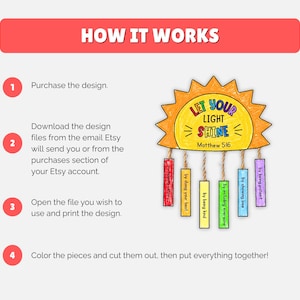 May include: A colorful, illustrated guide titled "HOW IT WORKS" with steps to purchase, download, and print a design. The design features a sun with the text "LET YOUR LIGHT SHINE" and colorful tags with inspirational phrases.