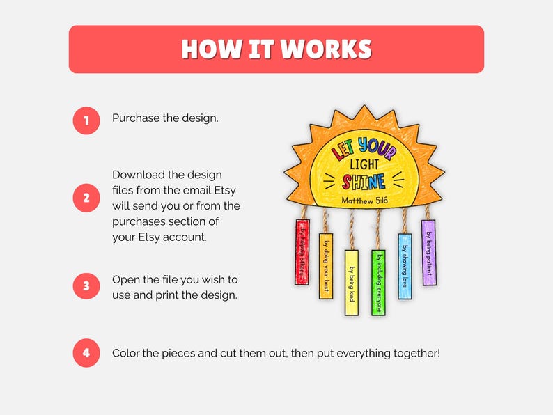 May include: A colorful, illustrated guide titled "HOW IT WORKS" with steps to purchase, download, and print a design. The design features a sun with the text "LET YOUR LIGHT SHINE" and colorful tags with inspirational phrases.