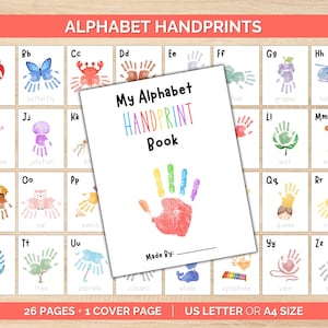 Puede incluir: Un libro de huellas de manos del alfabeto con 26 páginas y una portada. Cada página presenta un diseño artístico de huellas de manos que representa una letra del alfabeto, como una manzana para 'A' y una mariposa para 'B'. Disponible en tamaño US Letter o A4.
