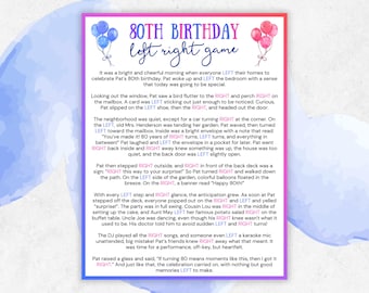 May include: A colorful 80th birthday party game card with text and balloon illustrations. The game's title is displayed at the top, with a story about a birthday celebration. The card has a watercolor background.