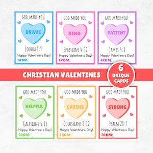 May include: Six Christian Valentine's Day cards with heart-shaped designs. Each card features a different word: Brave, Kind, Patient, Helpful, Caring, and Strong. The cards include Bible verses and the text "Happy Valentine's Day!"
