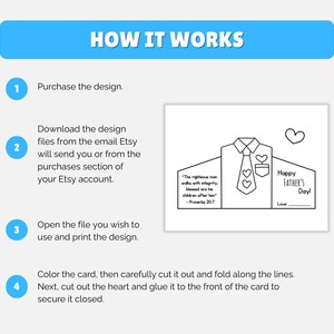 May include: A white Father's Day card template with a shirt and tie design. The card includes the text "Happy Father's Day!" and a Bible verse. Instructions on how to use the template are also included.