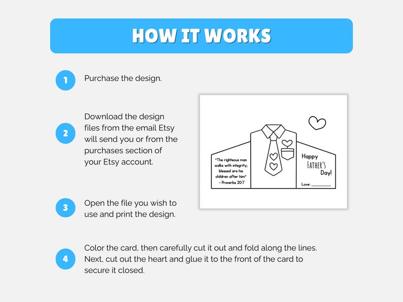 May include: A white Father's Day card template with a shirt and tie design. The card includes the text "Happy Father's Day!" and a Bible verse. Instructions on how to use the template are also included.