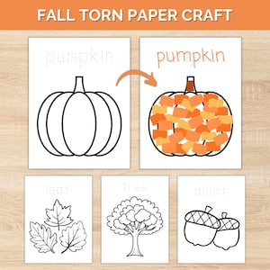 Puede incluir: Actividad de manualidades con papel con temática de otoño con el texto "FALL TORN PAPER CRAFT". La imagen muestra un contorno de calabaza, una calabaza completa con papel rasgado, una hoja, un árbol y bellotas. Las palabras "pumpkin", "leaf", "tree" y "acorn" están escritas encima de cada imagen.