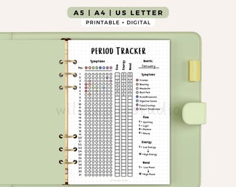 May include: A printable and digital period tracker planner page in a light green binder. The page features a monthly calendar grid for symptoms, flow, energy, and mood tracking, with a key for symptoms including cramps, bloating, headache, and acne.