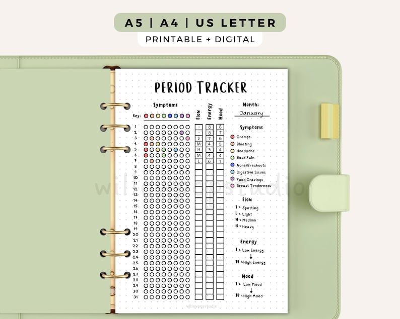 May include: A printable and digital period tracker planner page in a light green binder. The page features a monthly calendar grid for symptoms, flow, energy, and mood tracking, with a key for symptoms including cramps, bloating, headache, and acne.