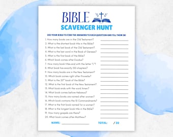 May include: A white sheet with a blue watercolor design and the text "BIBLE SCAVENGER HUNT" in blue. The sheet includes 20 questions about the Bible with fill-in-the-blank lines for answers.