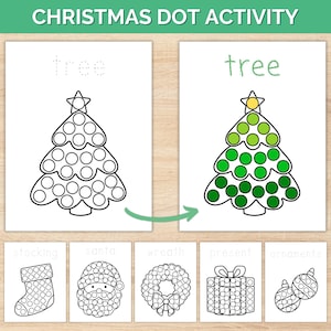 Peut inclure: Feuilles d'activité de points de Noël avec un sapin de Noël, une chaussette, le Père Noël, une couronne, un cadeau et des ornements. L'arbre est présenté en pointillé et une version complétée. Le texte "Christmas Dot Activity" est en haut.