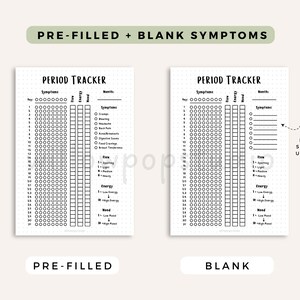 May include: Two white paper period tracker sheets with black text and grid dots. The left sheet features pre-filled symptoms like cramps and bloating. The right sheet has blank lines for custom symptoms. Both include columns for flow, energy, and mood.
