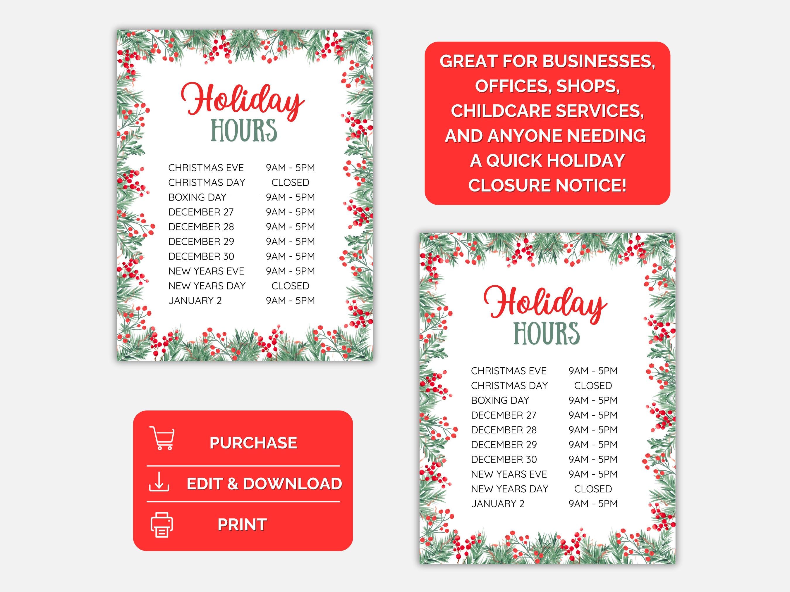 Editable Holidays Hours Sign, Christmas Hours, Closed for Holidays ...