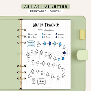 May include: A printable water tracker page in a light green binder. The page features a dotted grid, the text WATER TRACKER, a month field labelled August, a daily goal field, and a path of 31 numbered water drop icons to track daily intake.