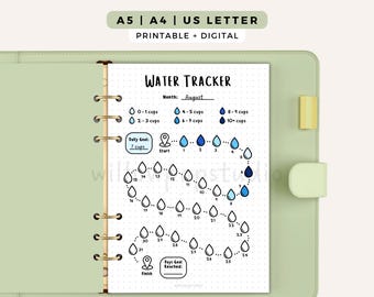 May include: A printable water tracker page in a light green binder. The page features a dotted grid, the text WATER TRACKER, a month field labeled August, a daily goal field, and a path of 31 numbered water drop icons to track daily intake.
