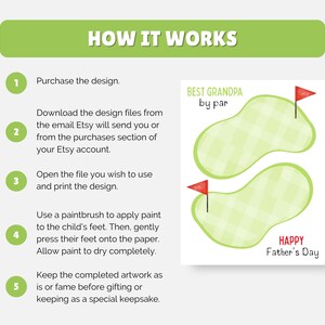 May include: A green and white Father's Day golf-themed artwork with the text "Best Grandpa by par" and "Happy Father's Day." The image includes instructions on how to use the design, with steps to purchase, download, and print the design.