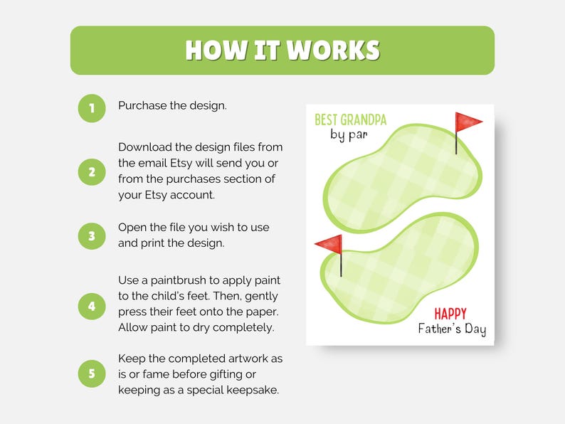 May include: A green and white Father's Day golf-themed artwork with the text "Best Grandpa by par" and "Happy Father's Day." The image includes instructions on how to use the design, with steps to purchase, download, and print the design.