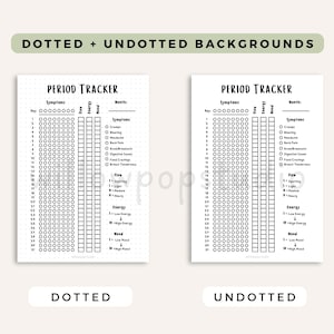May include: Two printable period tracker sheets with black text on white paper. One sheet features a subtle dotted grid background, while the other has a plain white background. Both include sections for symptoms, flow, energy, and mood tracking.