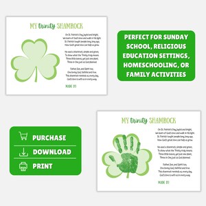 May include: Green St. Patrick's Day themed printables with a shamrock design and the text "My Trinity Shamrock". Includes options to purchase, download, and print. Perfect for Sunday school, religious education, homeschooling, or family activities.