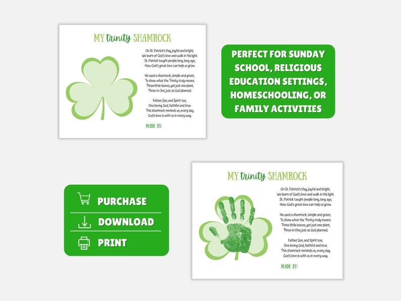 May include: Green St. Patrick's Day themed printables with a shamrock design and the text "My Trinity Shamrock". Includes options to purchase, download, and print. Perfect for Sunday school, religious education, homeschooling, or family activities.