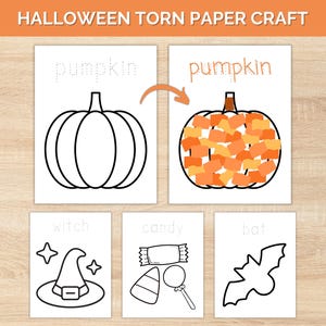 May include: Halloween-themed torn paper craft activity. The image shows a pumpkin outline and a completed pumpkin made of orange and yellow paper pieces. Additional outlines of a witch's hat, candy, and a bat are also shown.