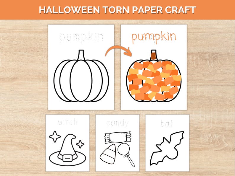 May include: Halloween-themed torn paper craft activity. The image shows a pumpkin outline and a completed pumpkin made of orange and yellow paper pieces. Additional outlines of a witch's hat, candy, and a bat are also shown.