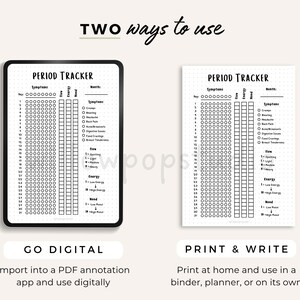 May include: A period tracker template shown in two formats: a digital version on a tablet screen and a printable version on paper. Both feature a grid for tracking symptoms, flow, energy, and mood, with text labels for each category and a numbered list.