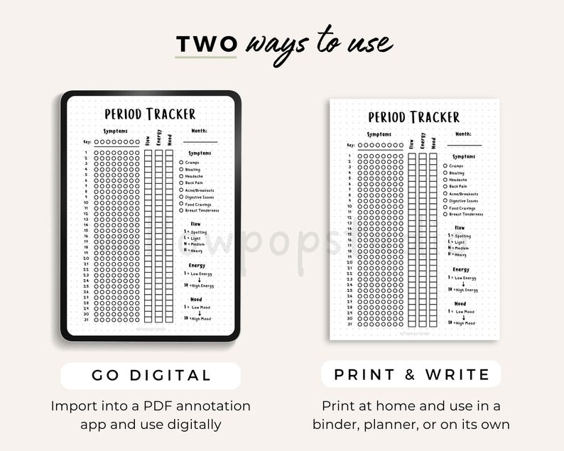 May include: A period tracker template shown in two formats: a digital version on a tablet screen and a printable version on paper. Both feature a grid for tracking symptoms, flow, energy, and mood, with text labels for each category and a numbered list.