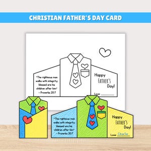 May include: A Christian Father's Day card with a shirt and tie design. The card includes the text "Happy Father's Day!" and a Bible verse. The card is white with blue, yellow, and green accents.
