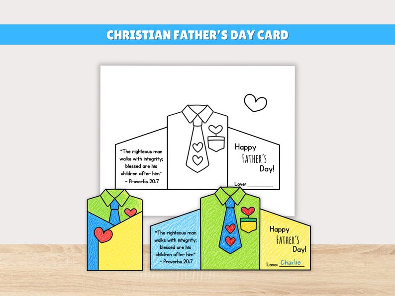May include: A Christian Father's Day card with a shirt and tie design. The card includes the text "Happy Father's Day!" and a Bible verse. The card is white with blue, yellow, and green accents.