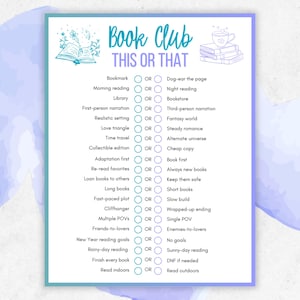 Book Club This or That, Bookish Games, Book Club Icebreaker, Book Club Activity, Book Club Questions, Bookclub Meeting, Book Club Discussion