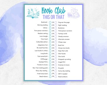 Book Club This or That, Bookish Games, Book Club Icebreaker, Book Club Activity, Book Club Questions, Bookclub Meeting, Book Club Discussion
