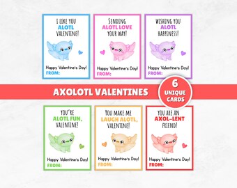 Printable Axolotl Valentines Cards, Kids Class Valentine Cards, Classmate Valentines, Valentines Cards Middle School, Elementary Valentine