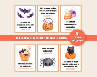May include: Nine Halloween Bible verse cards featuring watercolor illustrations of bats, candy corn, pumpkins, a black cat, and a spider. Each card includes a Bible verse. The cards are titled "Halloween Bible Verse Cards".