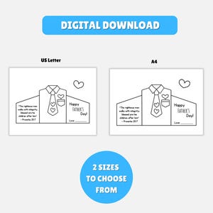 May include: Digital download featuring two Father's Day card templates in US Letter and A4 sizes. The black and white designs include a shirt and tie, a heart, and the text "Happy Father's Day!" and a Bible verse. The image also includes the text "2 SIZES TO CHOOSE FROM".
