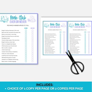 May include: Two printable "Book Club: Ever or Never" game sheets with a teal and purple border. The text includes prompts like "Bought a book just because of the cover" and "Read more than one book at the same time." A pair of black scissors is on the right.
