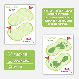 May include: A Father's Day keepsake featuring two golf course-shaped footprints with red flags. The text "BEST GRANDPA by par" and "HAPPY Father's Day" are displayed. A green rectangle reads "CAPTURE THOSE PRECIOUS LITTLE FOOTPRINTS..."