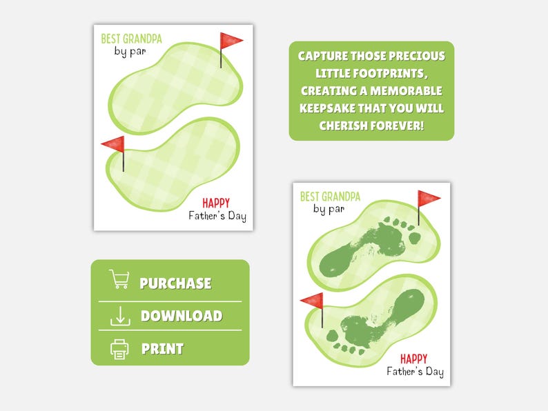 May include: A Father's Day keepsake featuring two golf course-shaped footprints with red flags. The text "BEST GRANDPA by par" and "HAPPY Father's Day" are displayed. A green rectangle reads "CAPTURE THOSE PRECIOUS LITTLE FOOTPRINTS..."