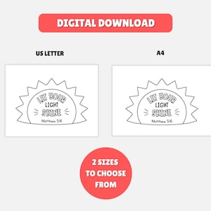 May include: Digital download featuring two versions of a sun design with the text "Let Your Light Shine" and the reference "Matthew 5:16". The design is available in US Letter and A4 sizes, with a red circle indicating "2 Sizes to Choose From".