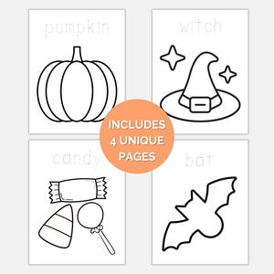 May include: Four Halloween-themed coloring pages with outlines of a pumpkin, witch hat, candy, and bat. The text "INCLUDES 4 UNIQUE PAGES" is in a circle in the center. The images are black and white.