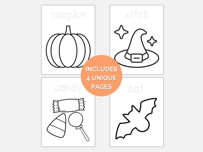 May include: Four Halloween-themed coloring pages with outlines of a pumpkin, witch hat, candy, and bat. The text "INCLUDES 4 UNIQUE PAGES" is in a circle in the center. The images are black and white.