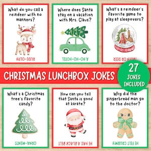 Peut inclure: Un ensemble de blagues de Noël pour boîtes à lunch sur des cartes. Chaque carte présente une illustration festive et une blague. Les cartes incluent des blagues sur les rennes, le Père Noël, les arbres de Noël et les bonhommes en pain d'épices. L'ensemble comprend 27 blagues.
