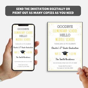 May include: An invitation design for a 5th-grade graduation, displayed on a smartphone and a printed card. The invitation features the text "Goodbye Elementary School, Hello Middle School" with event details, including the date, time, and location.