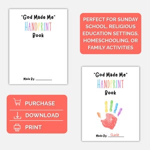 May include: A white "God Made Me" Handprint Book with colorful text and a handprint illustration. The image also includes a red rectangle with the words "Purchase", "Download", and "Print".