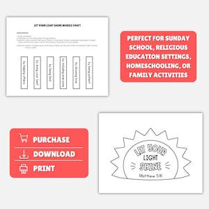 May include: A printable craft sheet with instructions for a mobile. The text reads "Let Your Light Shine Mobile Craft." Includes rectangles with phrases like "by helping others." A red box says "Purchase, Download, Print."