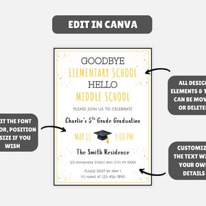 May include: A graduation announcement with the text "Goodbye Elementary School, Hello Middle School." The invitation includes details for Charlie's 5th Grade Graduation, May 11, 4:00 PM, at The Smith Residence. The design is editable in Canva.