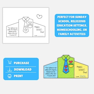 May include: A Father's Day shirt-shaped card with a tie featuring heart designs. The card includes the text "Happy Father's Day!" and a Bible verse. A blue button with "Purchase", "Download", and "Print" is also visible.