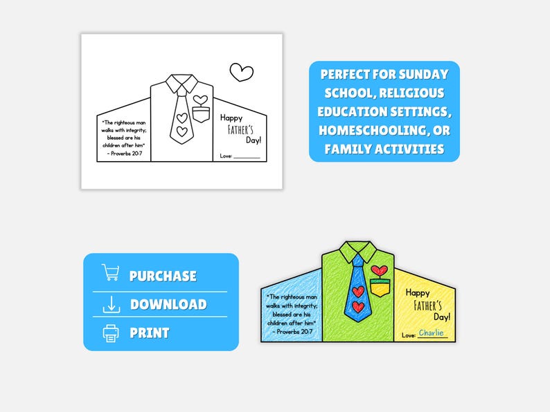 May include: A Father's Day shirt-shaped card with a tie featuring heart designs. The card includes the text "Happy Father's Day!" and a Bible verse. A blue button with "Purchase", "Download", and "Print" is also visible.