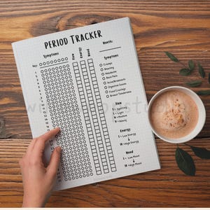 May include: A white paper period tracker sheet with black text and grid lines. The tracker includes sections for symptoms, flow, energy, and mood, with numbered rows from 1 to 31. The header reads Period Tracker and includes a space for the month.